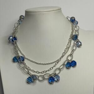 Beaded necklace costume jewelry blue faceted beads silver tone chain link